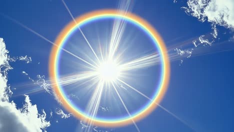 a video captures a solar halo with a vibrant rainbow ring against a clear blue sky