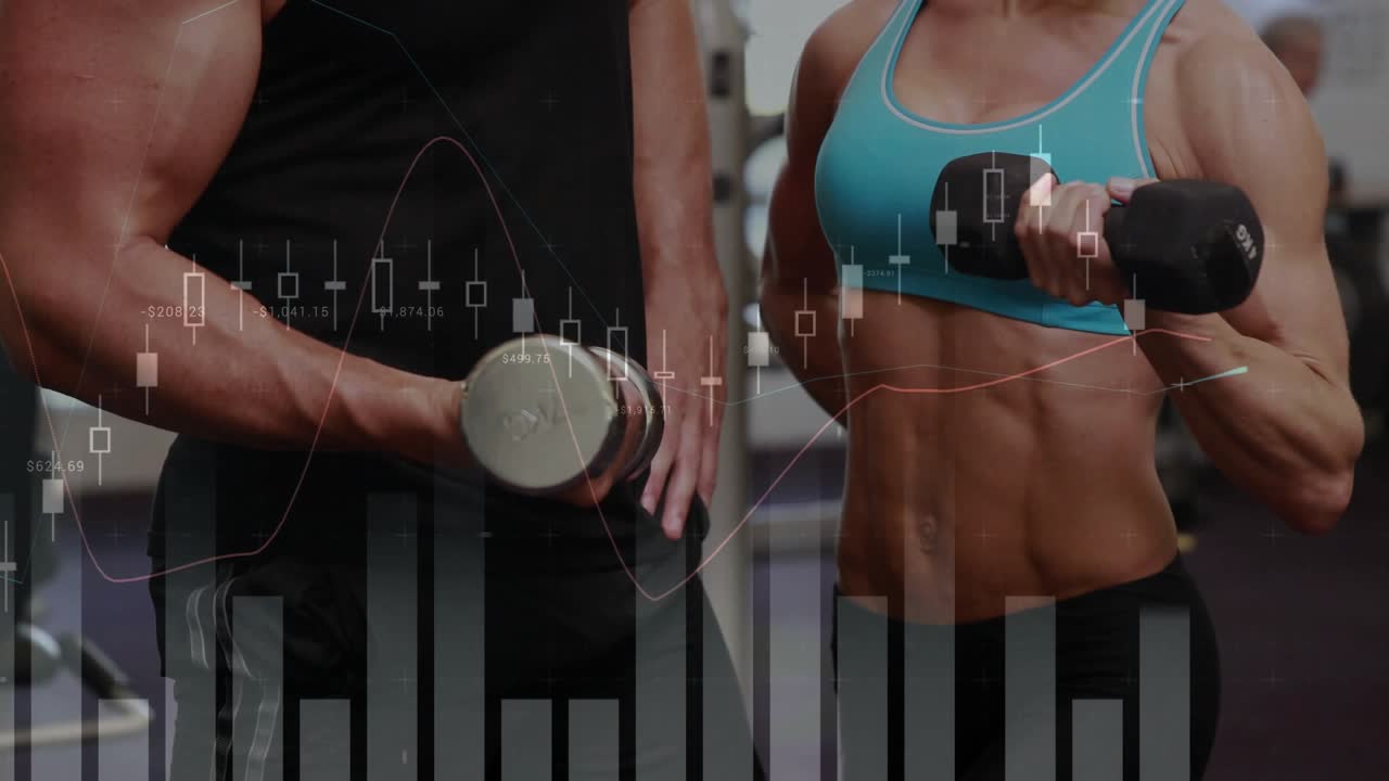 남성 연습생이 은색 아령을 들어 올리고 카메라에 여성 합류 모습이 드러나며 재정 차트에서 수익이 추적돼요.