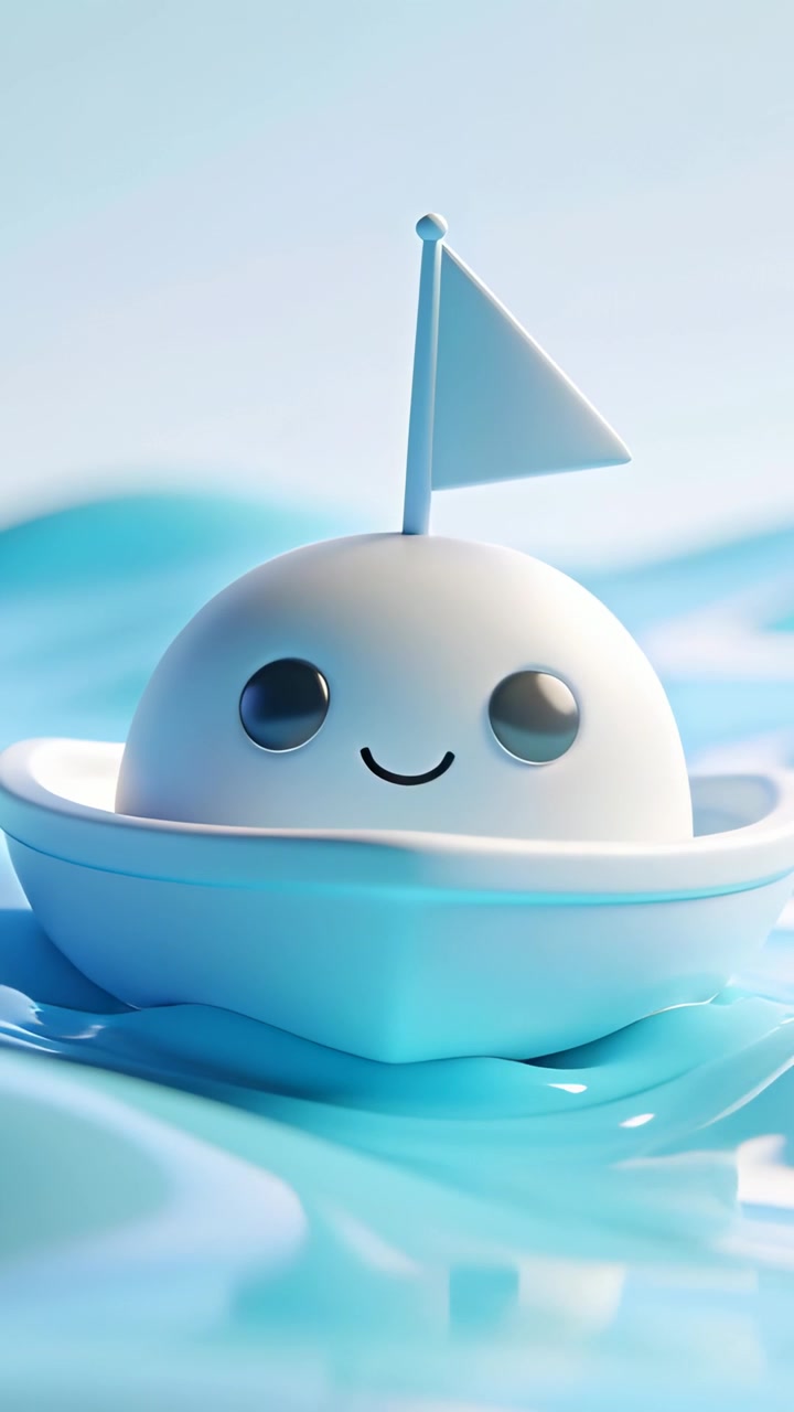 Vertical video: Bobbing toy boat with smiling dome pennant drifting on calm sea as ripples shifting