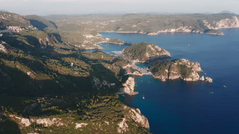 Drone-view-of-Corfu-Island,-Greece-flying-sideways