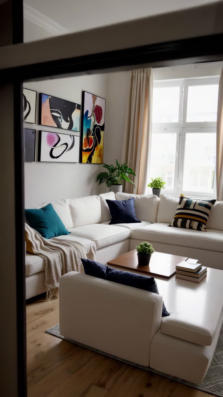 Modern Living Room Interior with White Sofa and Abstract Art