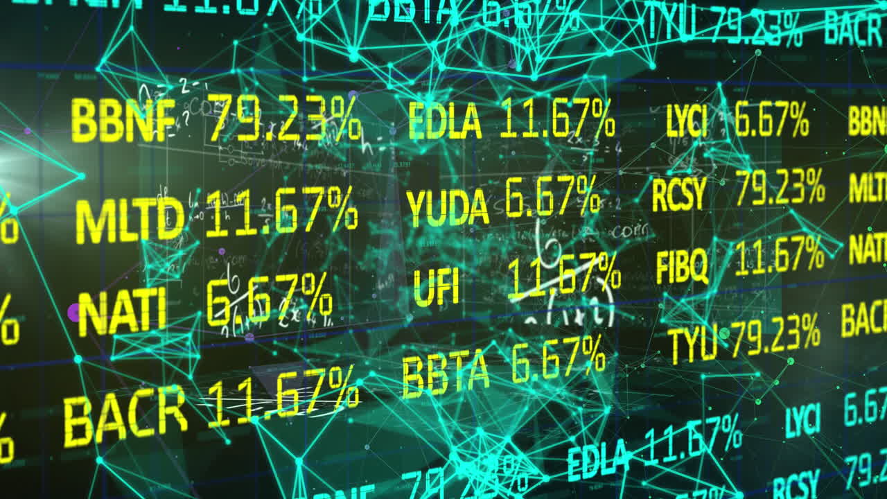 검은색 배경에 수학적 방정식과 연결 네트워크를 통해 주식 시장의 애니메이션