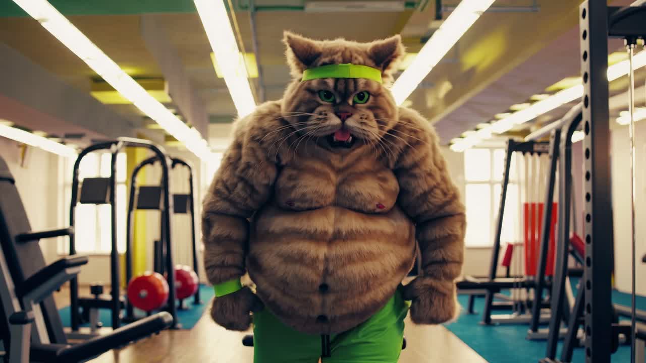 Muscular cat in sportswear posing in a gym, highlighting its powerful physique and determination, surrounded by fitness equipment for a humorous take on bodybuilding