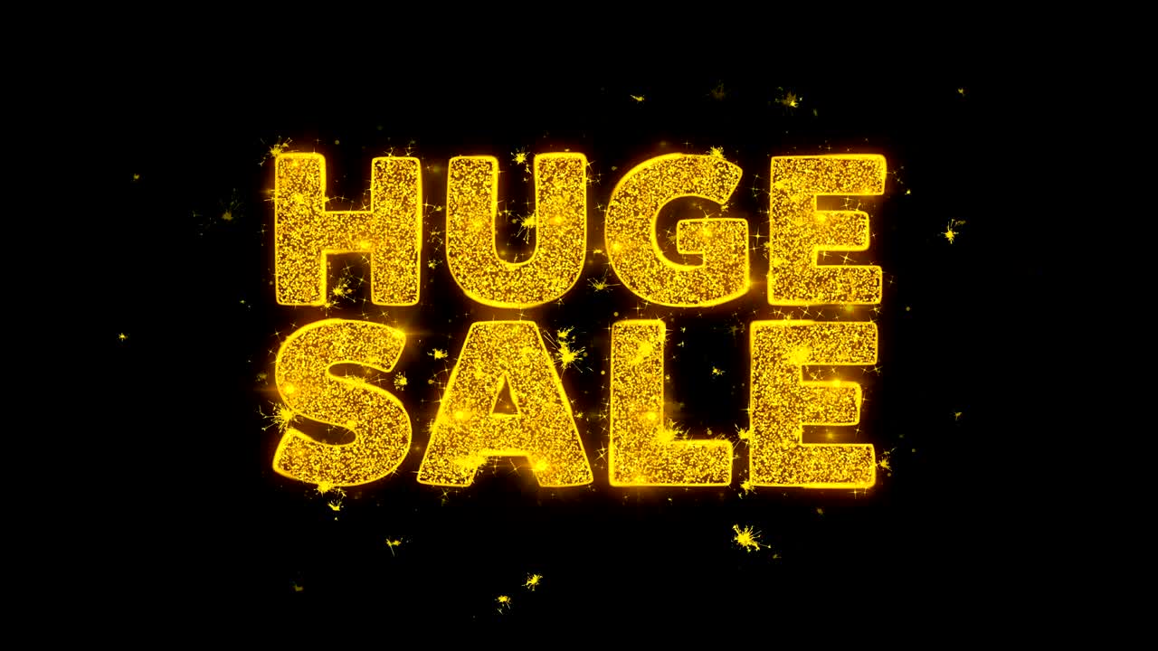 un enorme texto de venta hace chispas en el fondo negro.