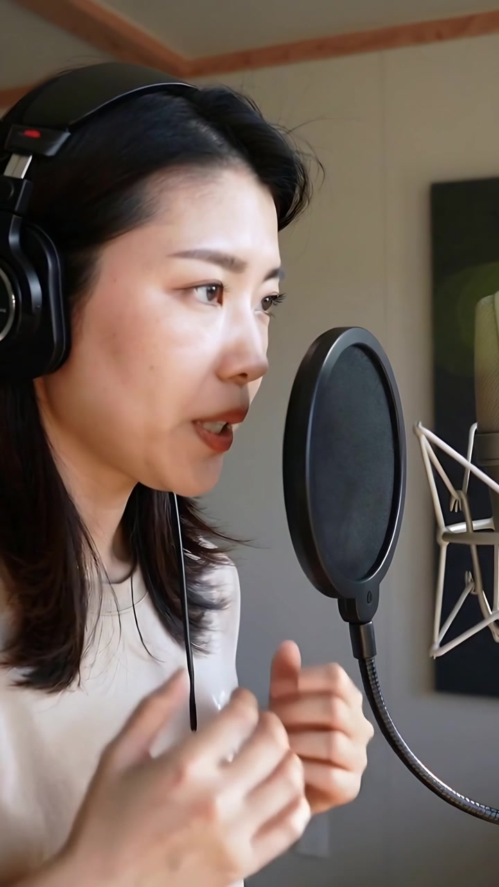 Video verticale: Ripresa di registrazione, donna che canta in studio con microfono, filtro anti-pop, cuffie, spazio per il testo