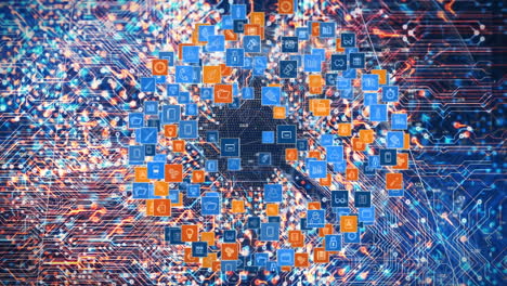 Animation of media icons over data processing on blue background