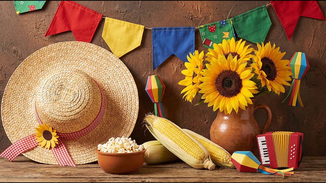 Primer plano de sombrero de paja, girasoles, maíz, palomitas de maíz y pequeño acordeón sobre mesa de madera con pancartas coloridas