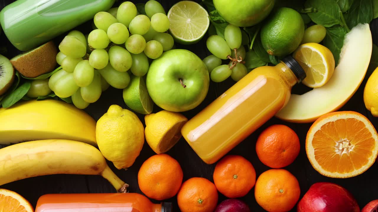 Konsept for sunn mat: Diverse blandede frukter, grønnsaker og juicer formet som en regnbue