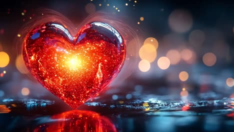 a heart with a light inside of it is lit up. the heart is surrounded by a blurry background