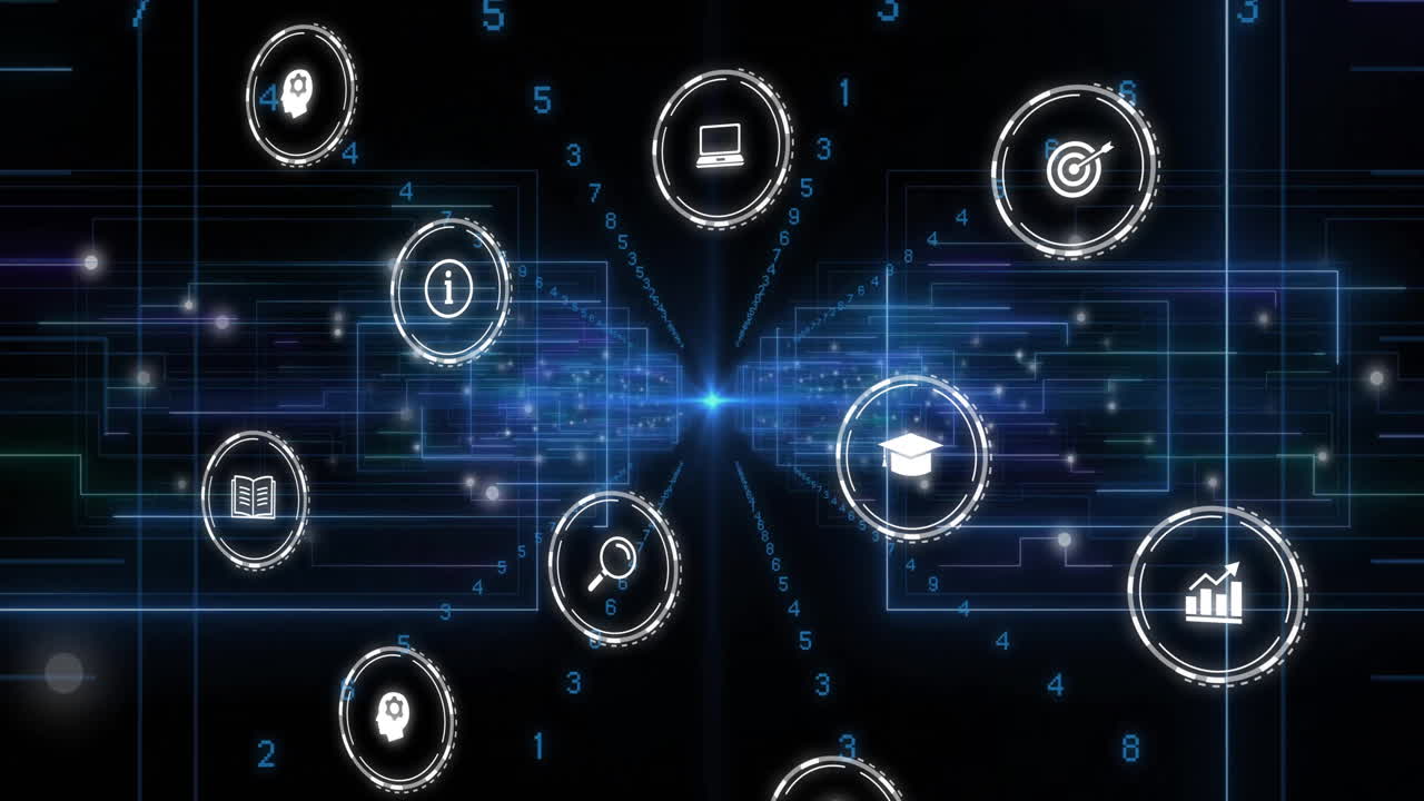 Animation of business icons over network of connections with data processing on black background