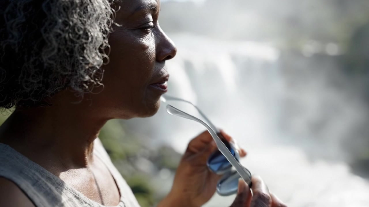 Moment de contemplation près de la cascade : le reflet serein d'une femme âgée dans la beauté de la nature, capturant l'essence de la tranquillité et de la connexion avec l'environnement.