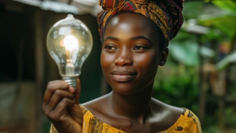 young african woman in traditional attire, holding glowing light bulb, gazing with optimistic expression, representing sustainable energy potential and community development