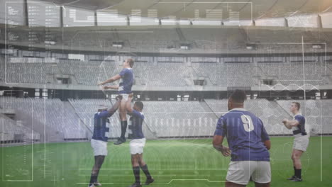 animación del procesamiento de datos durante un partido de rugby en un estadio deportivo