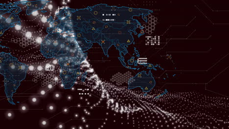 Animación-De-Malla-De-Conexiones-Y-Procesamiento-De-Datos-Sobre-El-Mapa-Mundial-Sobre-Fondo-Oscuro