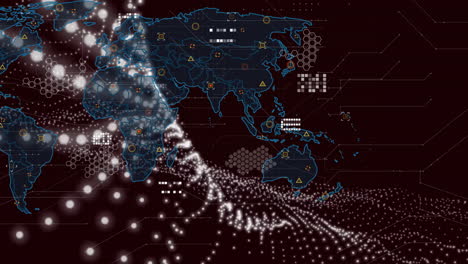 animation of mesh of connections and data processing over world map on dark background