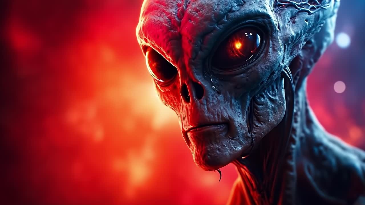An alien face with red eyes