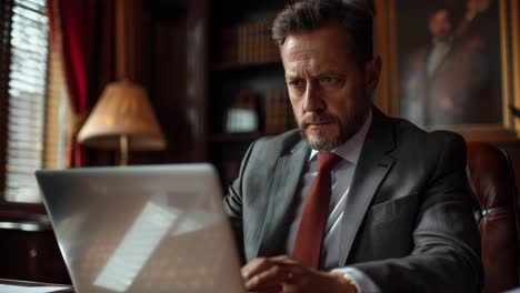 man in suit working on laptop in an office
