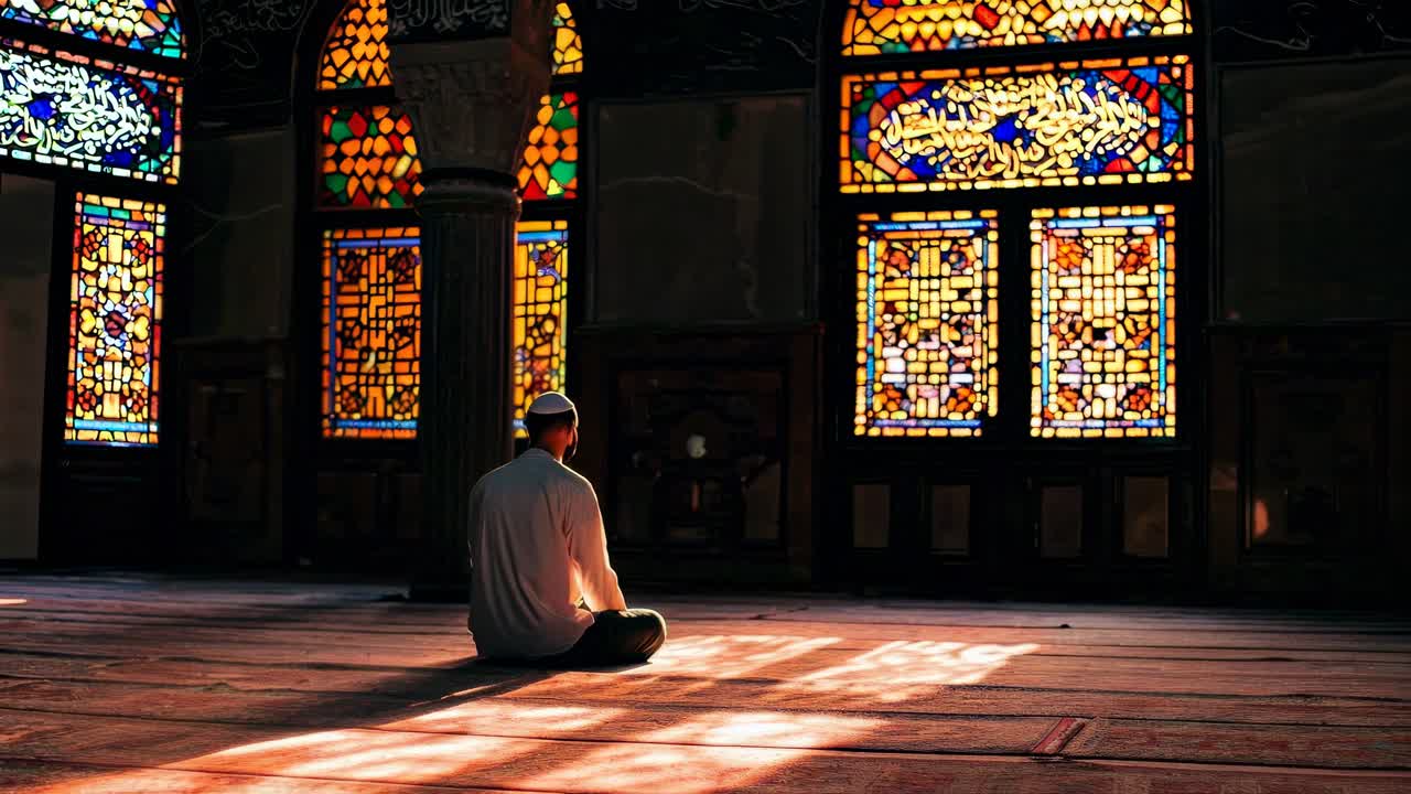 A man sits in prayer in a mosque, bathed in colorful stained glass light