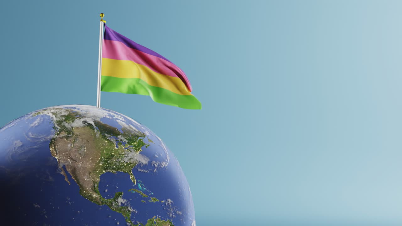 Bandiera lesbica che sventola al vento sull'asta con globo terrestre rotante su sfondo blu