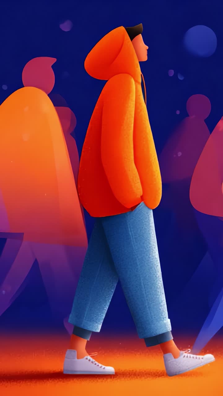 Un personaggio stilizzato con una felpa arancione e jeans blu cammina con sicurezza attraverso una folla astratta, irradiando un senso di individualità e movimento in colori vivaci