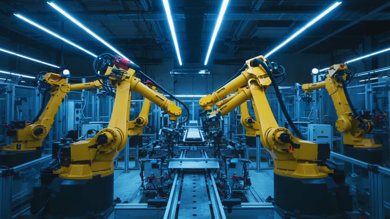 A Cutting-Edge Automated Manufacturing Facility Showcasing Dual Robotic Arms in Action Under Sleek, Illuminated Conditions, Emphasizing Industrial Innovation and Efficiency