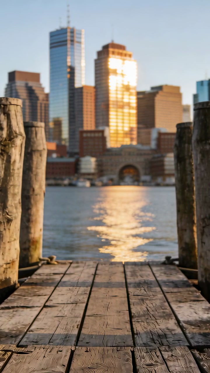Vertical video: Camera dollying forward showing worn dock and posts at pier, framing golden glow
