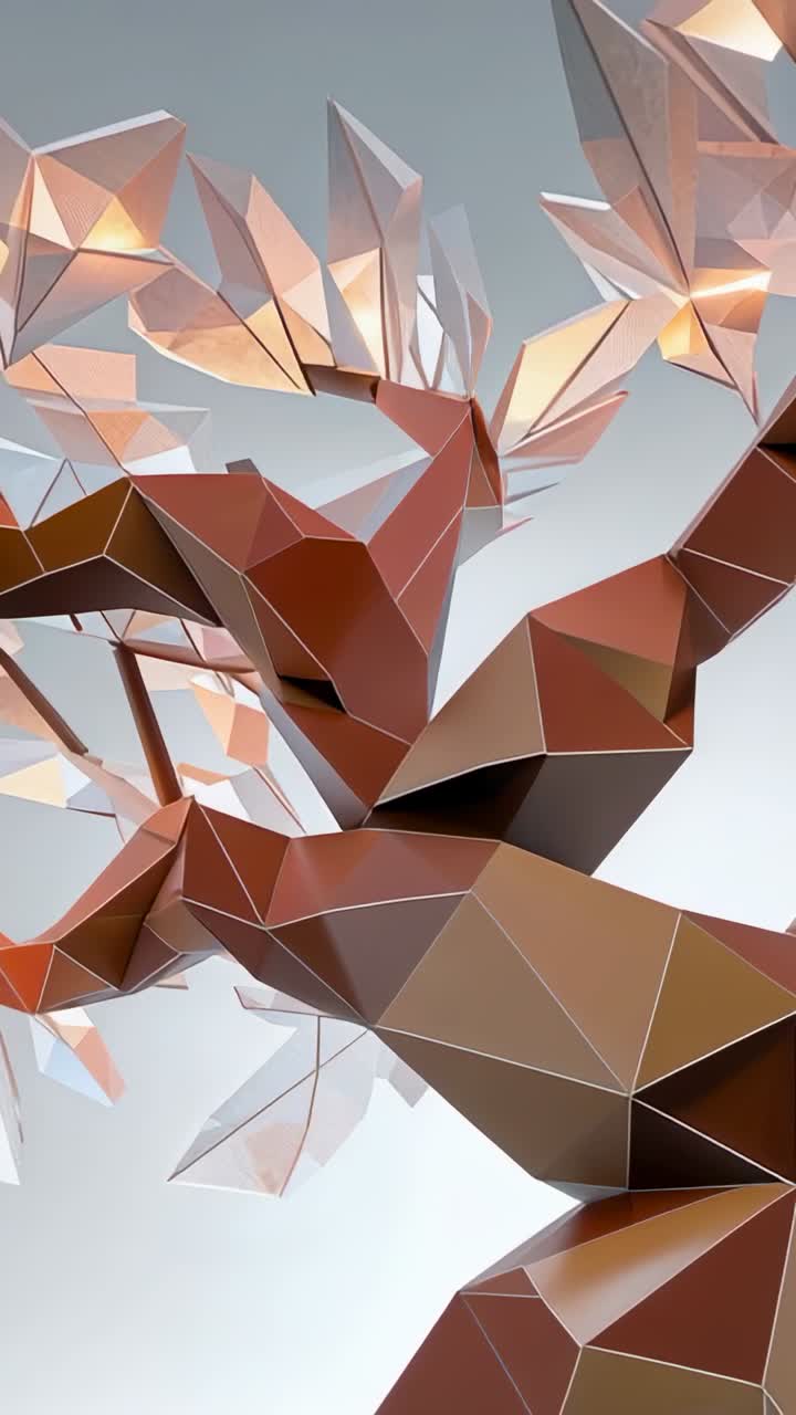 Vertical video: Rotating low-poly sculpture revealing facets at startup in studio with peach leaves