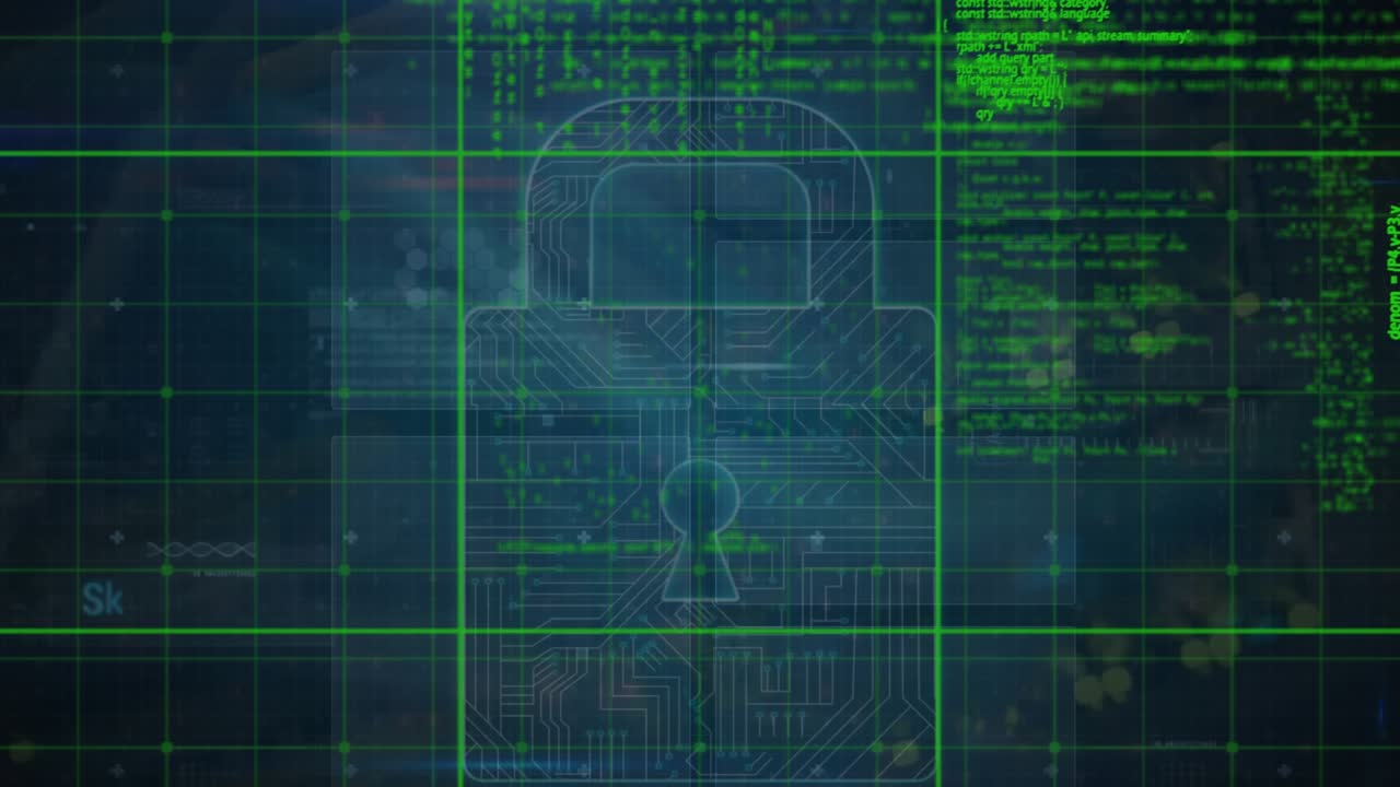Animation of data processing and cyber attack warning over computer circuit board