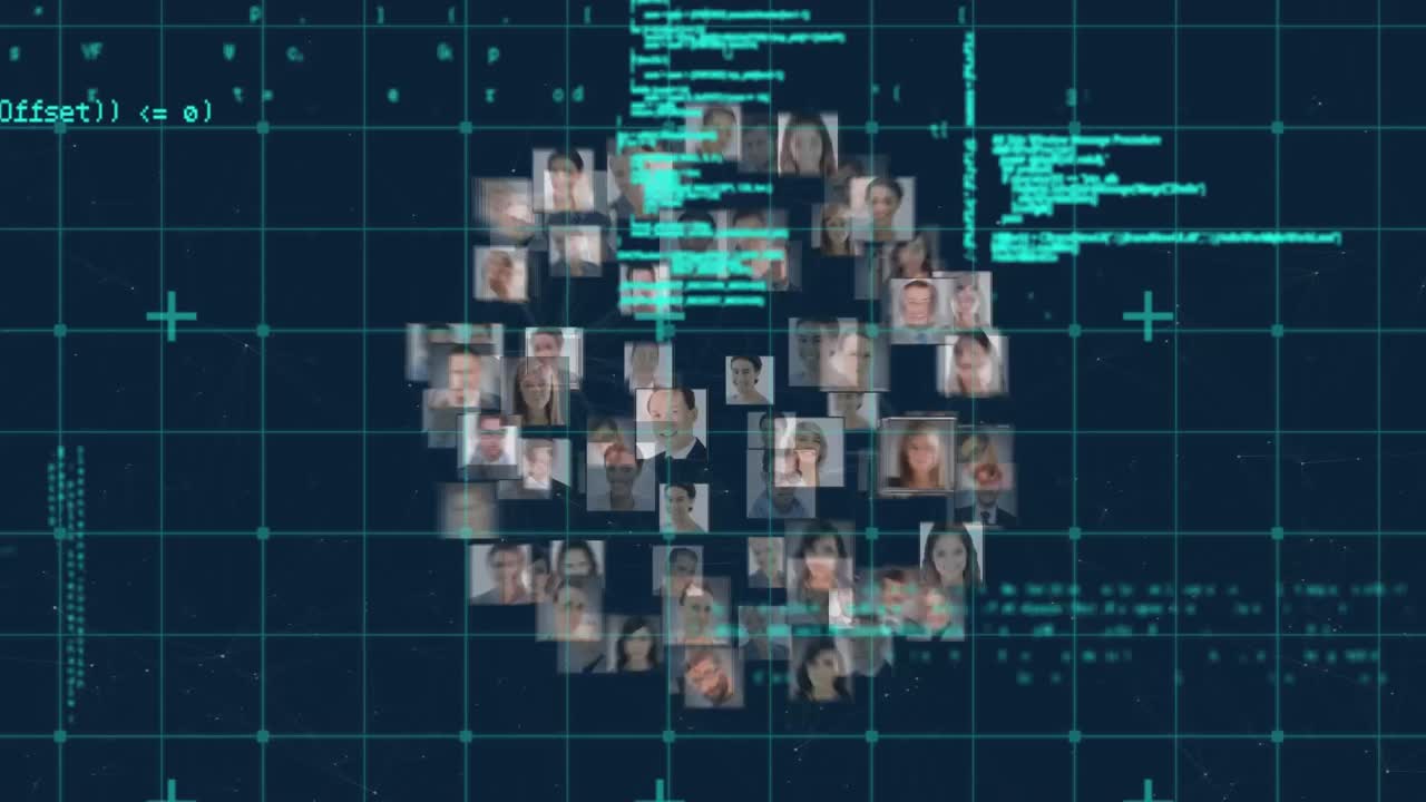 Microprocessor connections over globe of business profile icons and data processing