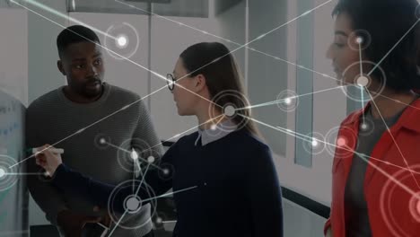 animation of network of connections over diverse colleagues discussing over a whiteboard at office