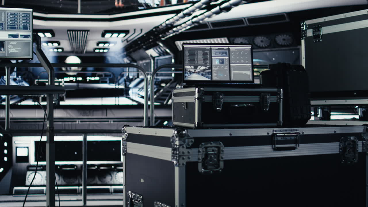 Laptop in space station tracking star and asteroids patterns during cosmic trip