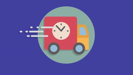 Digital-animation-of-delivery-truck-icon-with-ticking-clock-moving-against-light-trails-on-blue-back