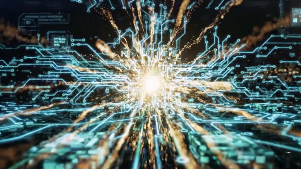 Een Dynamische Visualisatie van Digitale Connectiviteit en Datastroom, Waarbij een Netwerk van Circuits de Hartslag van Moderne Technologie en Informatie-uitwisseling Weergeeft