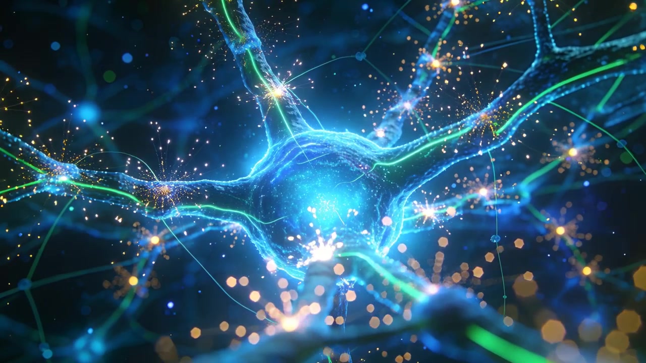 Soma neuronale luminoso che emette scariche di scintille al contatto con il filamento, inviando segnali in una micro rete.