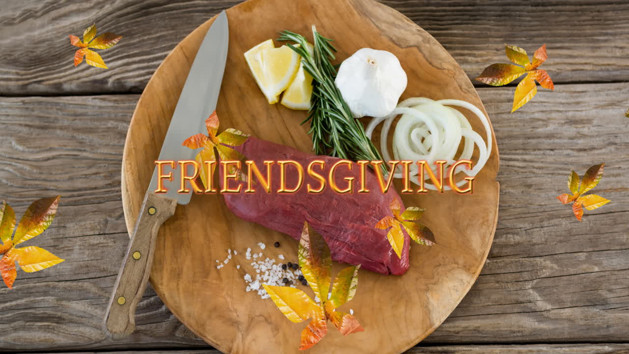 Animation of friendsgiving text over fall leaves and turkey