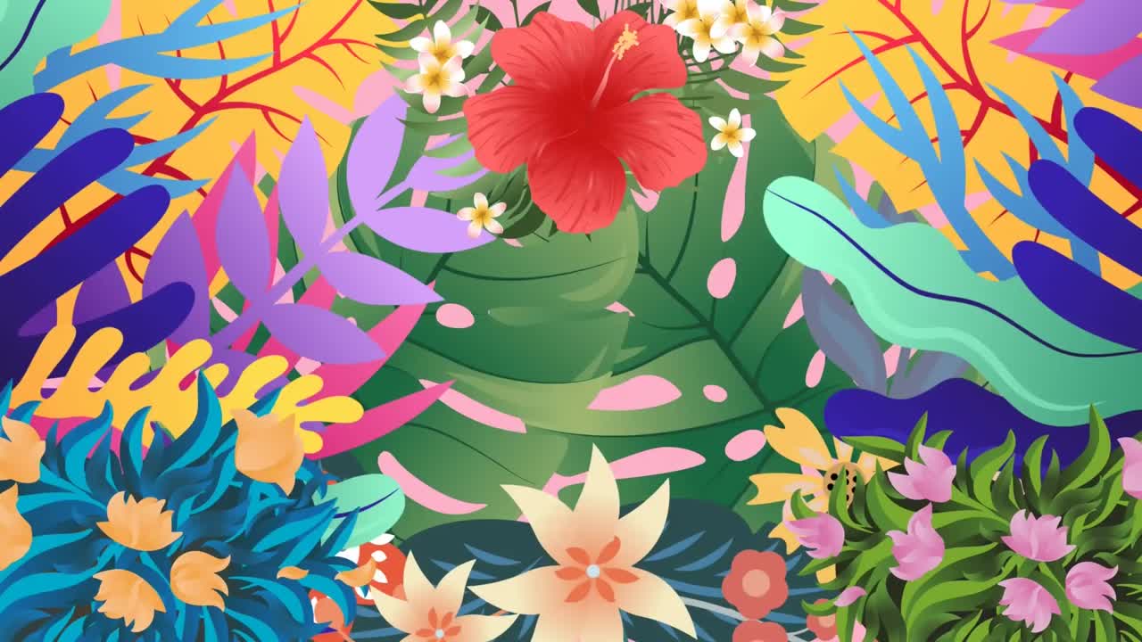 animación de iconos de flores sobre el texto abierto de la barra de playa