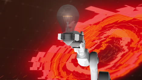 animación de un robot sosteniendo una bombilla sobre visores brillantes con partículas en el fondo