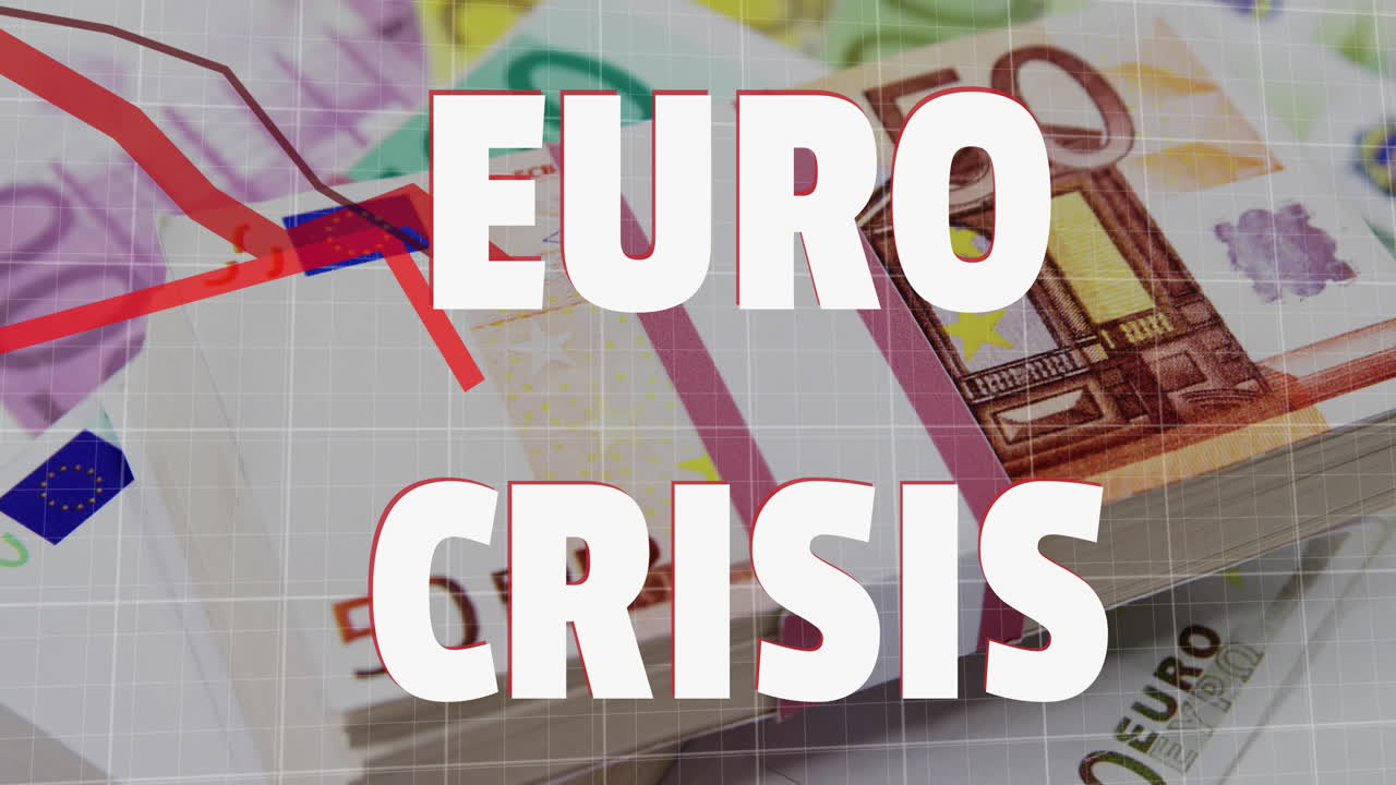 texto de la crisis del euro y gráficos rojos que se mueven frente a los billetes en euros