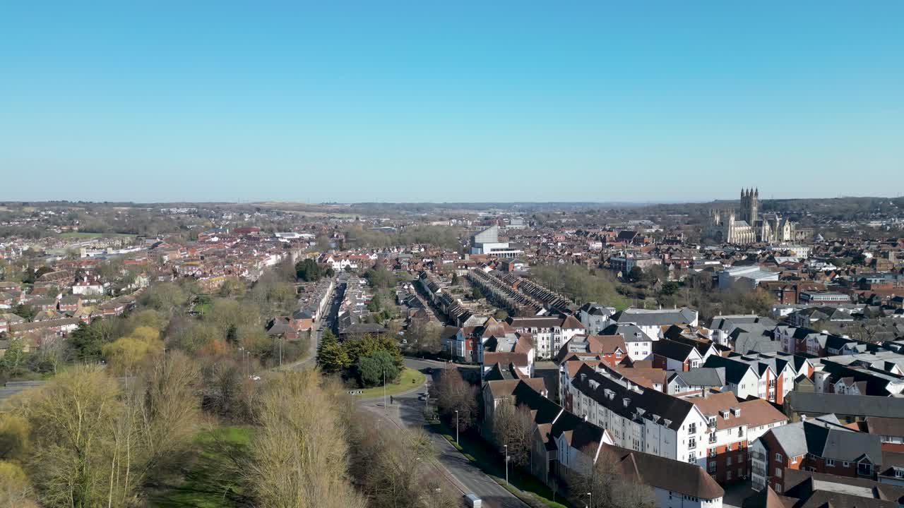 Drone Flyover of Rheims Way in Canterbury with Distant View of Canterbury Cathedral