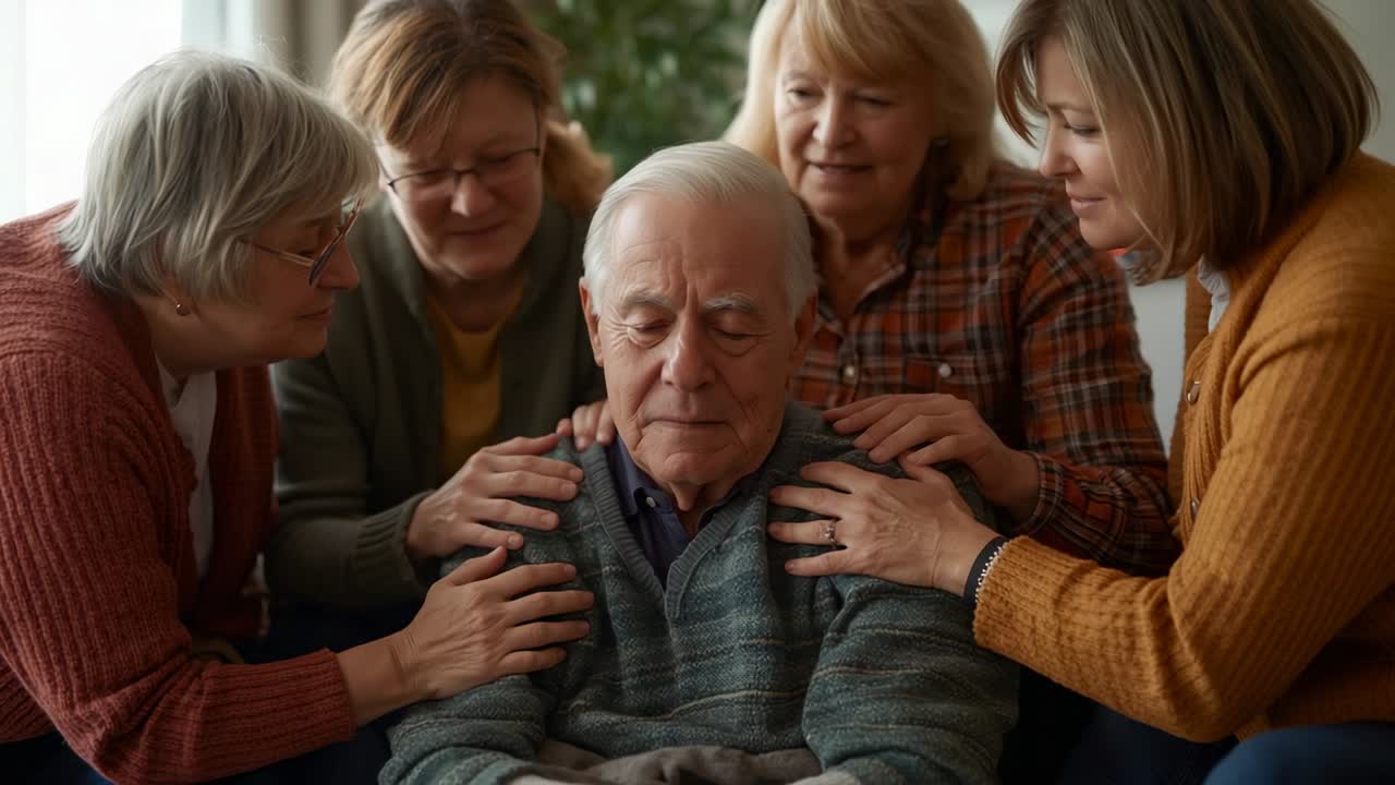 Daughters noticing father bowing placing comforting hands on shoulders over sweater in living room