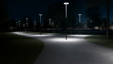 illuminated park path at night