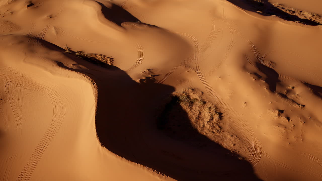 Stunning top-down drone footage of the rippling dunes and natural patterns in the pink sands.