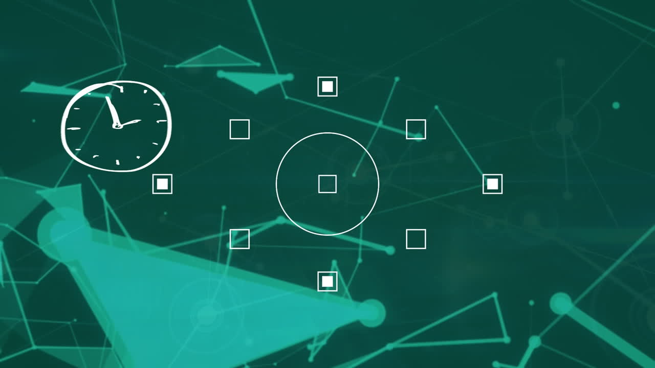 Animation of network of connections over clock and shapes