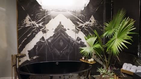 luxury bathroom with black ceramic bathtub and marble panels