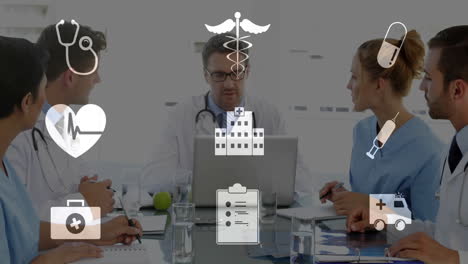 in meeting, doctors discussing with medical icons animation in background