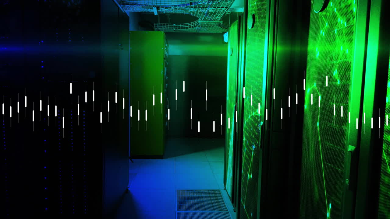 Sound wave animation over server room with green and blue lighting