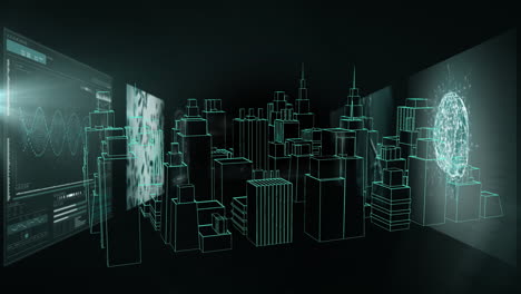 3d 도시 풍경 위의 데이터 처리 애니메이션