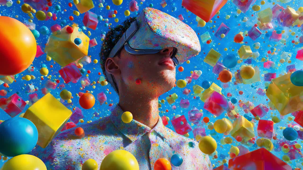 A vibrant exploration of virtual reality as a young individual immersed in a colorful digital environment showcases a fusion of technology and imaginative play with floating geometric structures