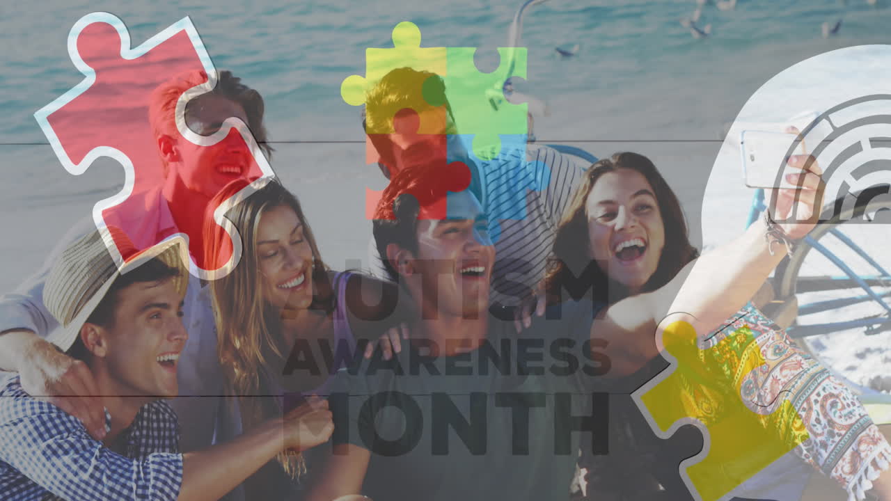 여름 해변 파티에서 행복한 친구들 위에 다채로운 퍼즐 조각과 자폐증 텍스트의 애니메이션