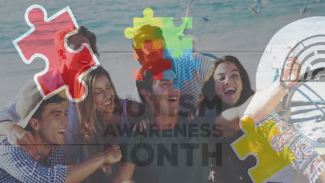 animación de coloridas piezas de rompecabezas y texto de autismo sobre amigos felices en una fiesta de playa de verano